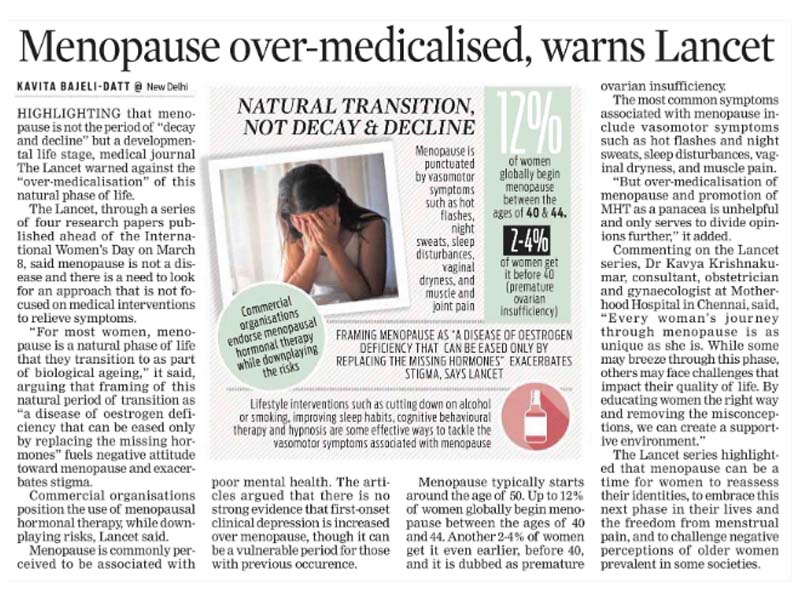 Menopause over-medicalised, warns Lancet - Motherhood Hospitals India